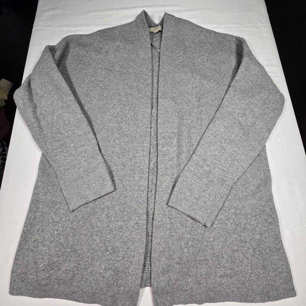 Loft Womens Cardigan Sweater XL‎ Gray Open Front Ribbed Knit Long Sleeve Cotton